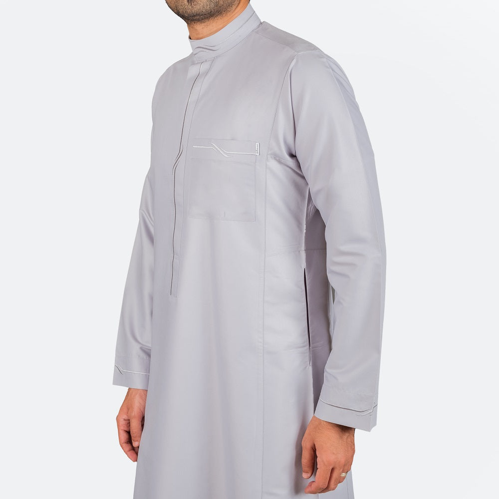 Modern Embroidery Thobe - Light Grey