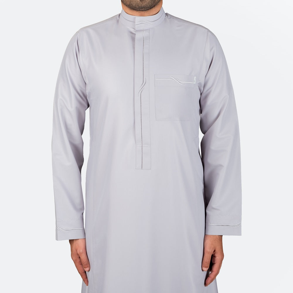 Modern Embroidery Thobe - Light Grey